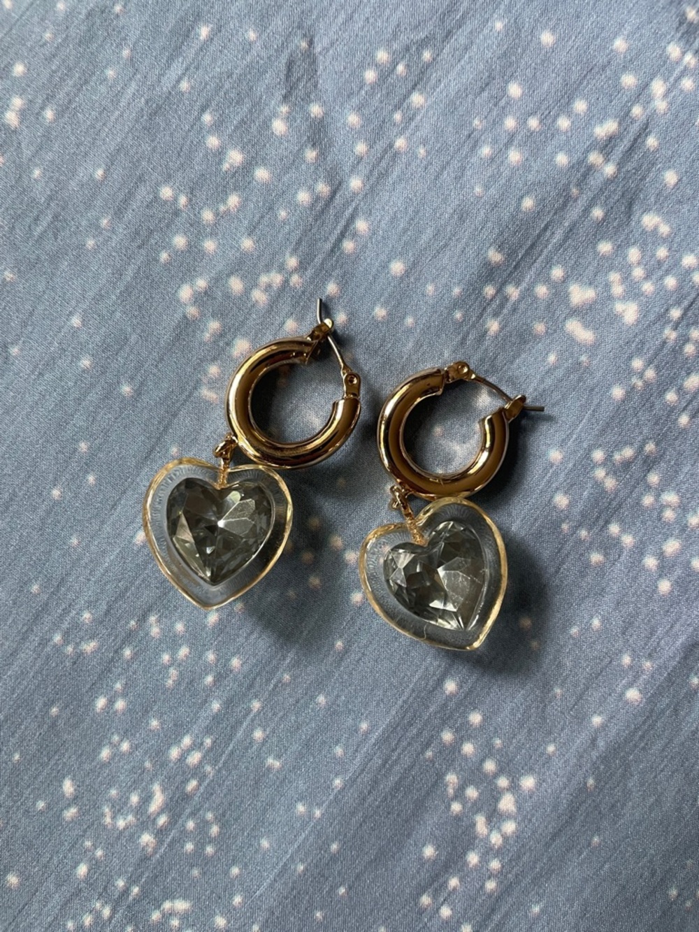 Betsey Johnson Gold Hoop Earrings with Sparkly Blue Heart Drops